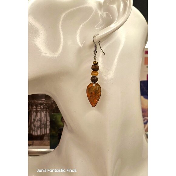 Handcrafted Dangle Earrings With Natural Stone & Wood Beads - Picture 3 of 4